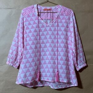 Tuckernuck | Oliphant Tassel Tie Neck Popover Top Split V-Neck Pink White Size S